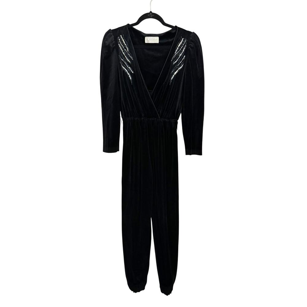 Vintage 80s Barad & Co Velvet Jumpsuit S Black Sequin Formal Party Evening USA